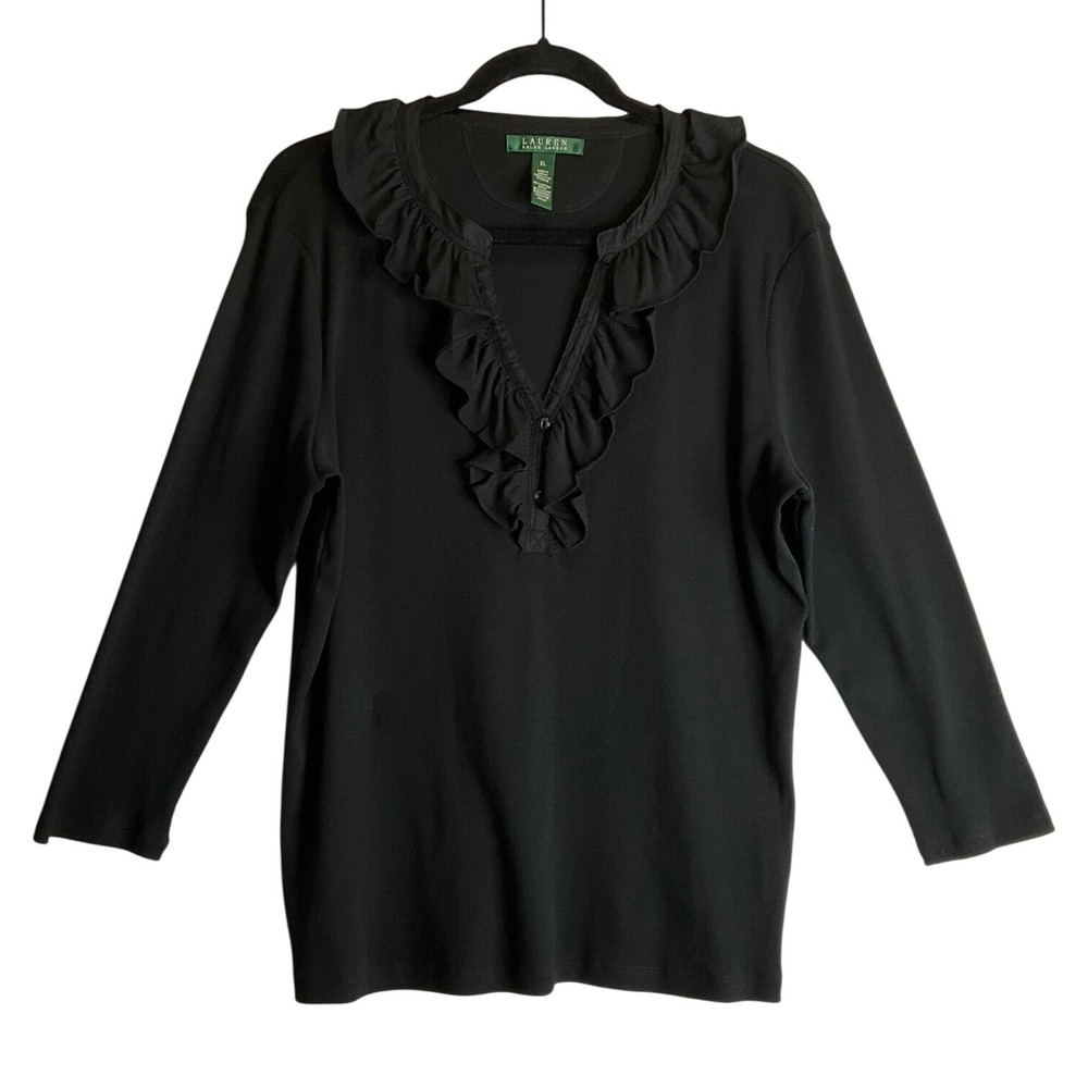 Lauren Ralph Lauren Tunic Black Pullover Ribbed Ruffle V-Neck Button Details XL